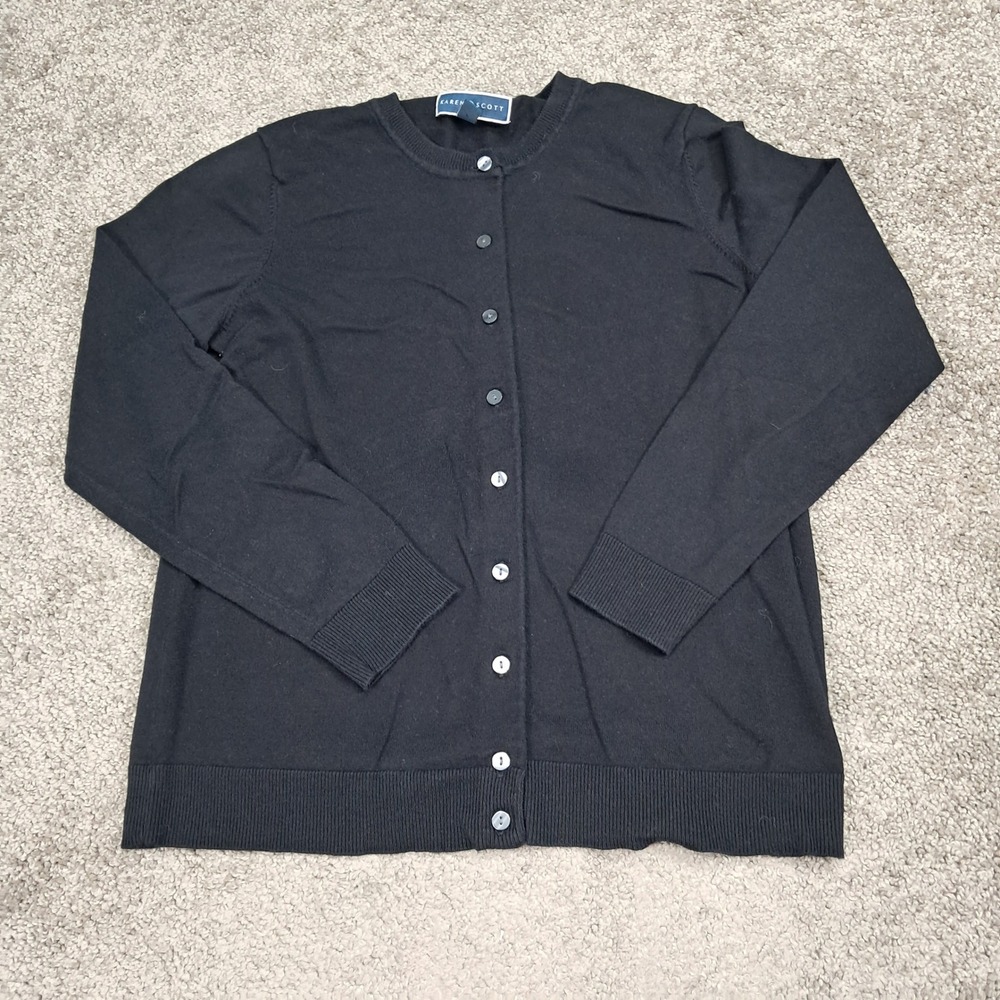 Karen Scott Womens Black Button Front Cardigan Sweater Crew Neck‎ Size M